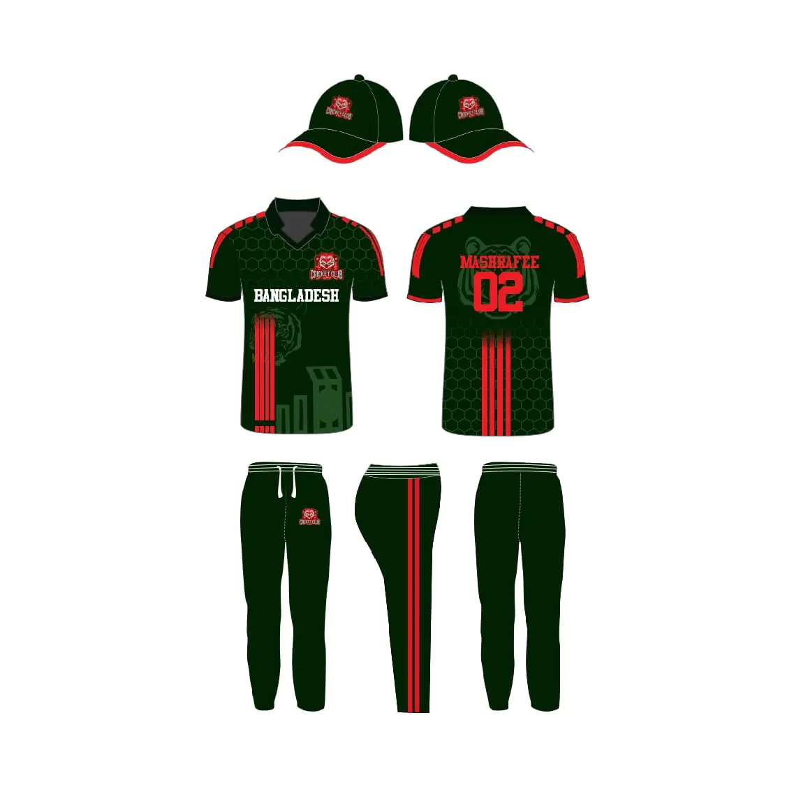 Cricket Shirt Trouser And Cap Fully Customizable With Name And Number - Red  & Green 3 Piece Set