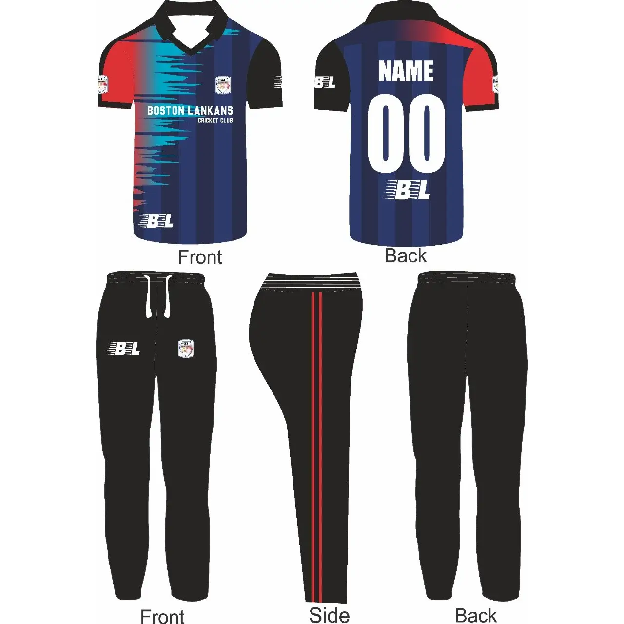 Cricket Sports Jersey Trouser Kit Black Blue Red 2 Piece Set