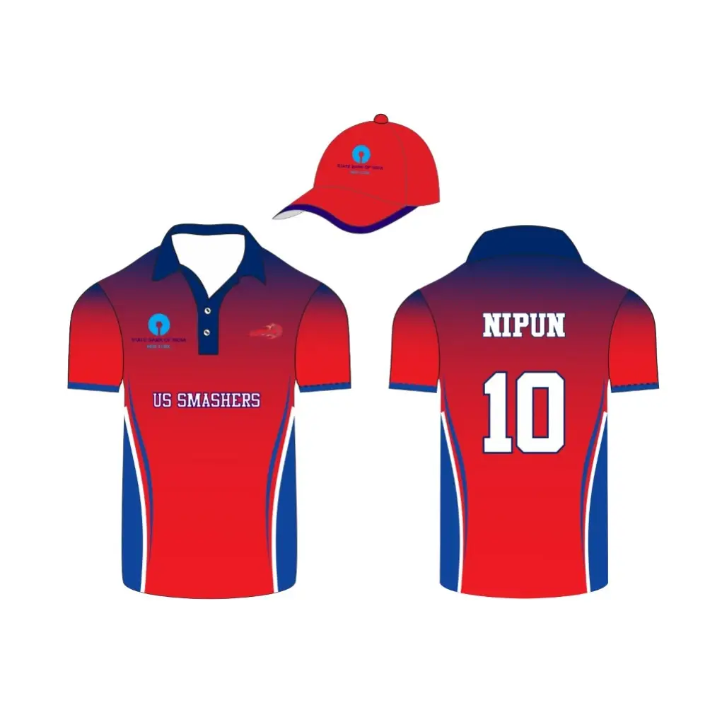Customizable Cricket Shirt And Cap With Team And Player Name & Number - Red  And Blue Shirt & Cap