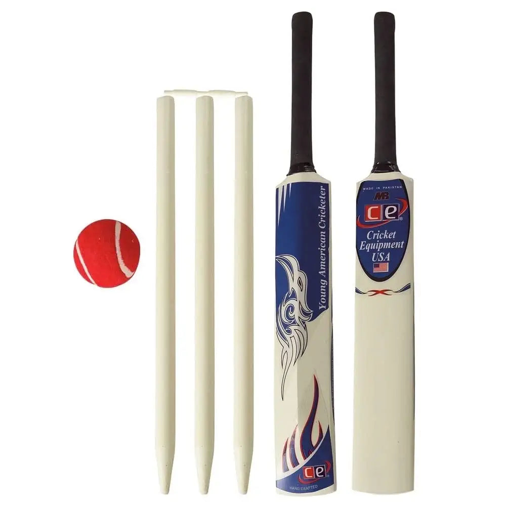 Junior Cricket Bat 4 Stumps Bail Tennis Ball Bag Gift Set Wooden Size 6 by CE (Junior 6)