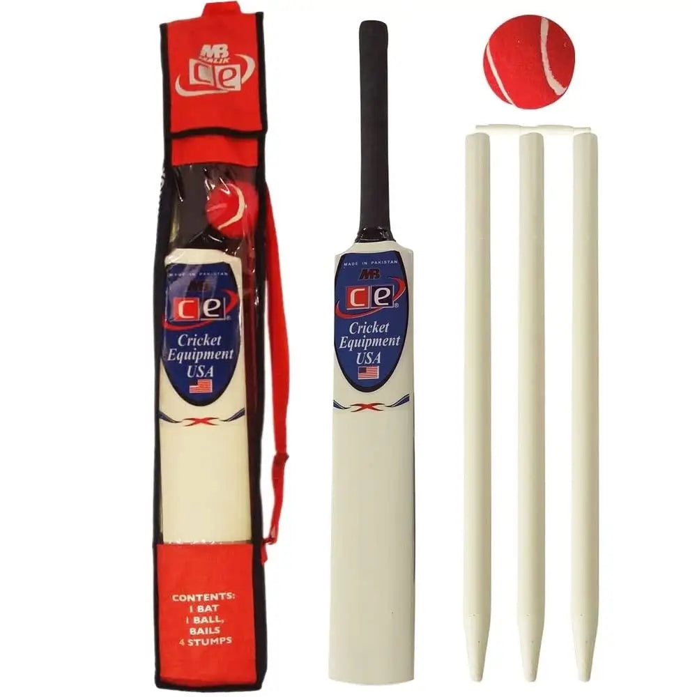 Junior Cricket Bat 4 Stumps Bail Tennis Ball Bag Gift Set Wooden Size 6 by CE (Junior 6)