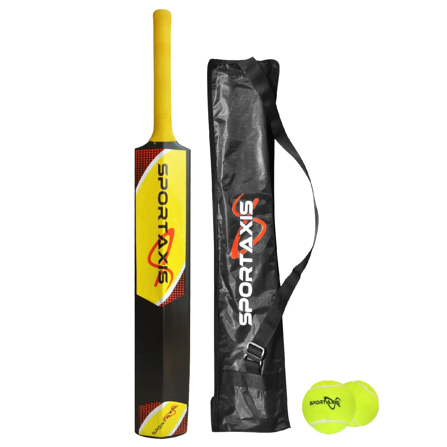 SPORTAXIS Heavy-Duty Plastic Cricket Bat with 2 Tennis Balls and Bag for Indoor Outdoor Backyard Beach Games