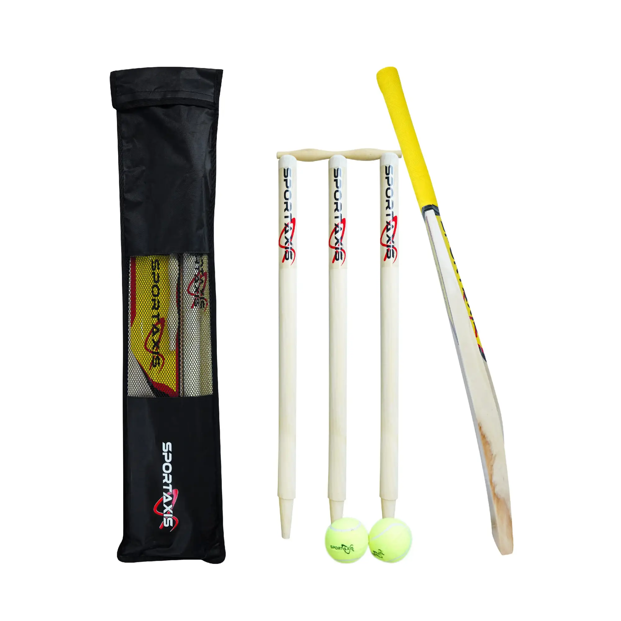 SPORTAXIS- Wooden Cricket Set- Contains Bat 2 Light Tennis Balls 3 Stumps 2 Bails and Stylish Carry Bag- Perfect for Beach and Backyard