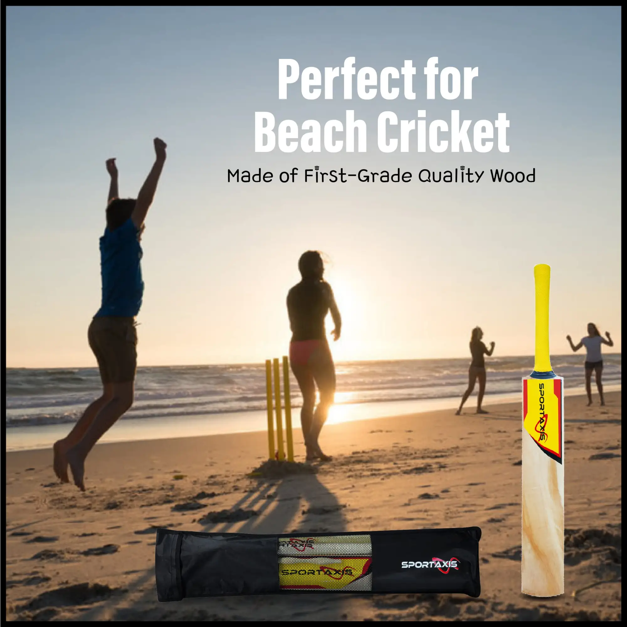 SPORTAXIS- Wooden Cricket Set- Contains Bat 2 Light Tennis Balls 3 Stumps 2 Bails and Stylish Carry Bag- Perfect for Beach and Backyard