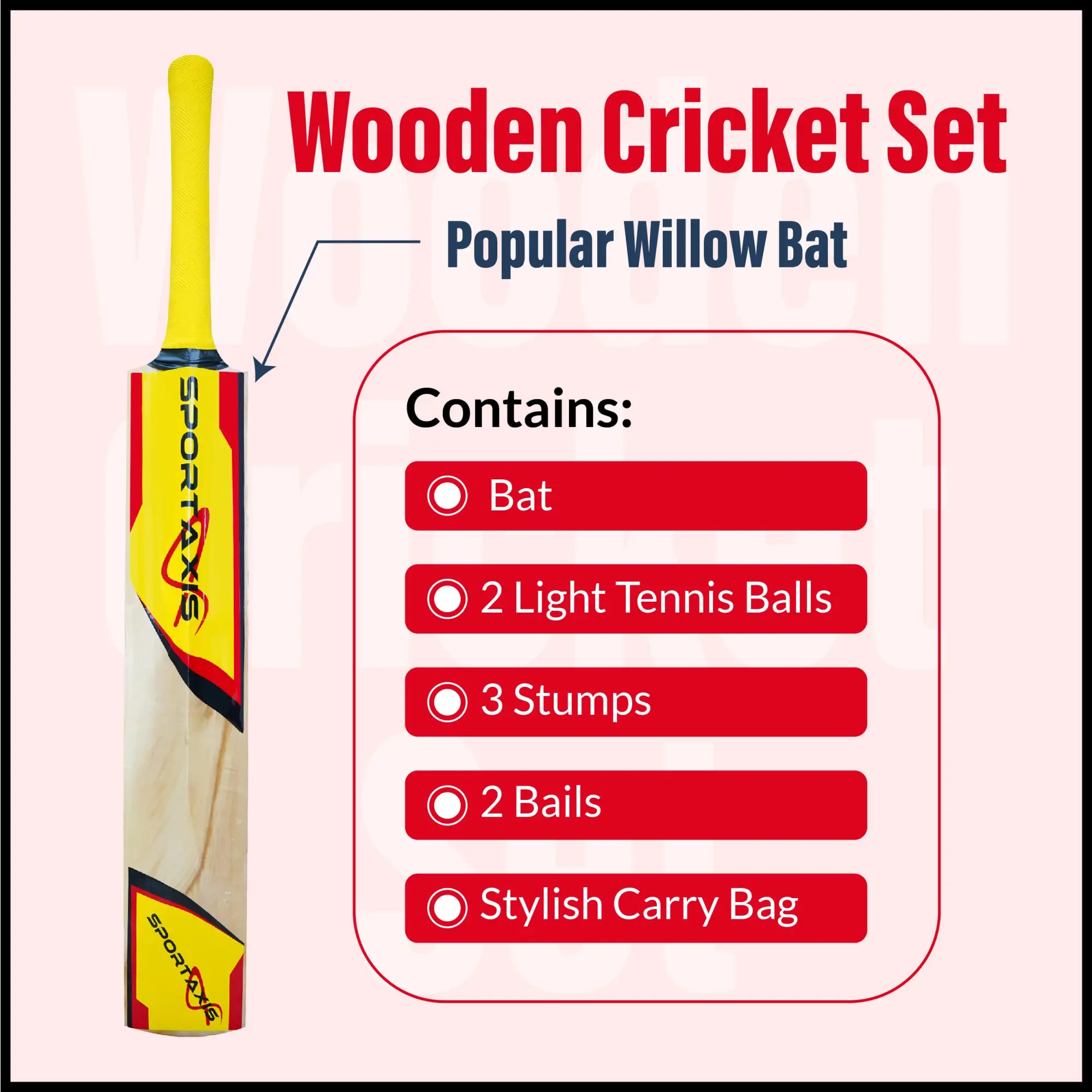 SPORTAXIS- Wooden Cricket Set- Contains Bat 2 Light Tennis Balls 3 Stumps 2 Bails and Stylish Carry Bag- Perfect for Beach and Backyard