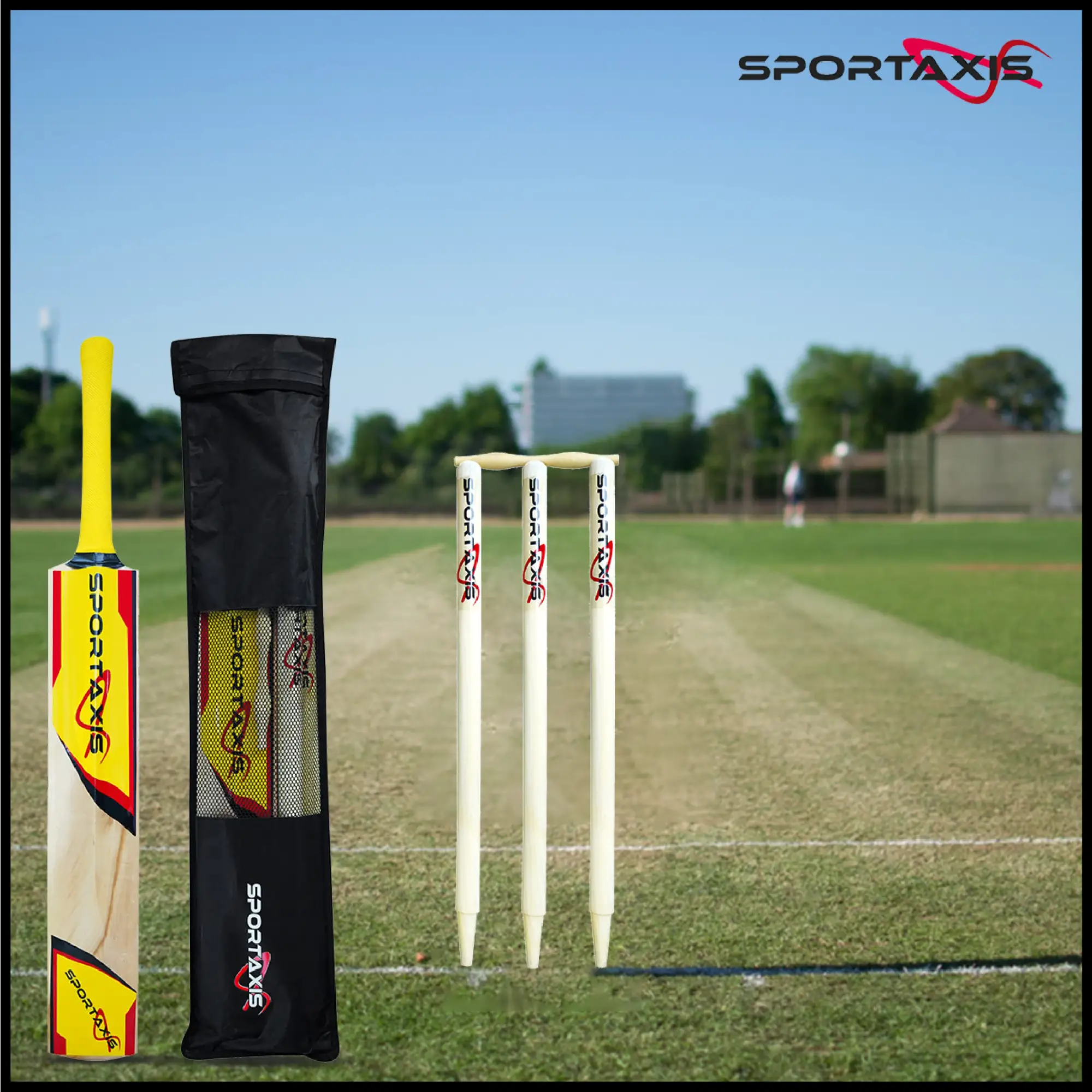 SPORTAXIS- Wooden Cricket Set- Contains Bat 2 Light Tennis Balls 3 Stumps 2 Bails and Stylish Carry Bag- Perfect for Beach and Backyard