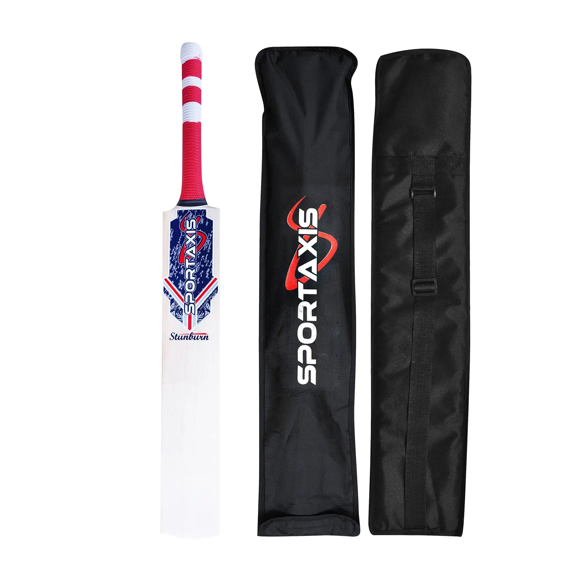 SPORTSAXIS Stunburn Grade 1 Kashmir Willow Cricket Bat - Rubber Grip Semi Round Bottom - Full Size for Powerful Strikes - Ideal Training